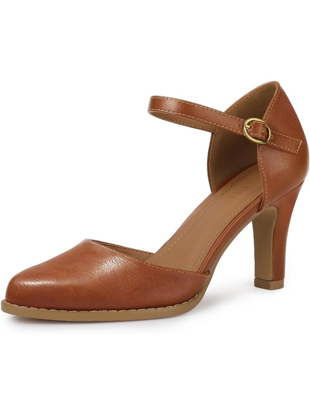 Women's Brown Pu Closed Toe Chunky High Heel Comfortable Party Dress Pumps Shoes